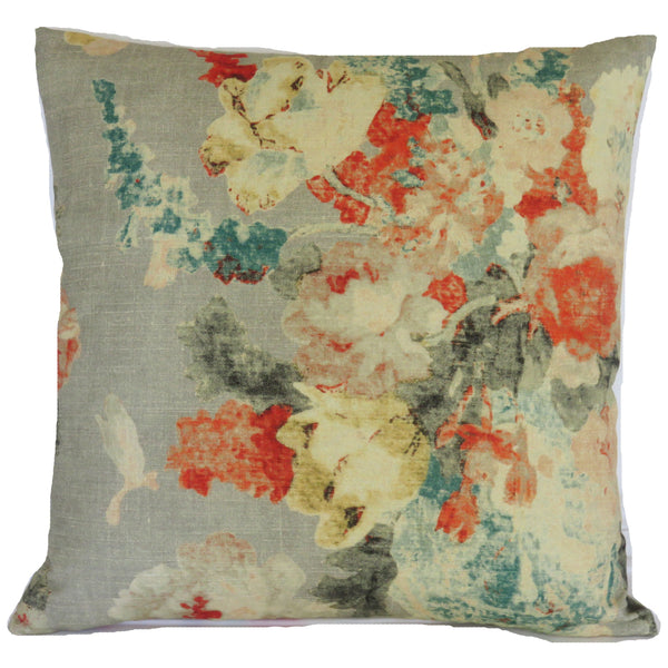 Grey, orange and teal watercolor floral pillow cover