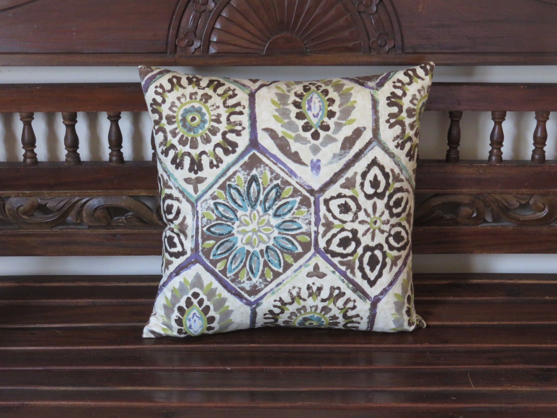 hexagonal tile print pillow cover in brown teal lime and purple