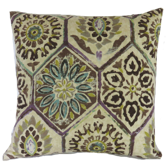 hexagonal tile print pillow cover in brown teal lime and purple