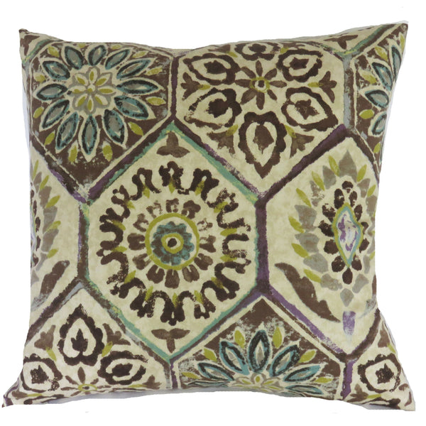 hexagonal tile print pillow cover in brown teal lime and purple