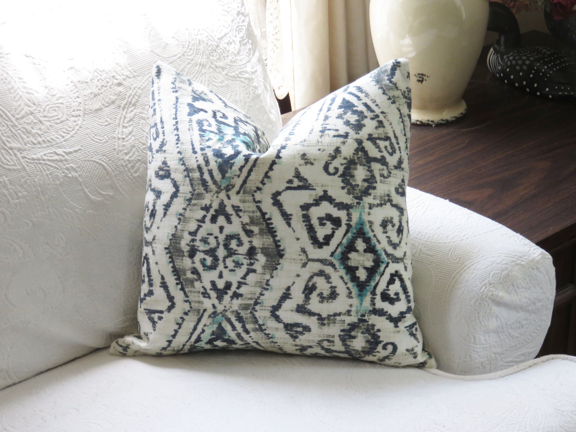 ikat linen pillow cover in indigo blue, grey, and turquoise