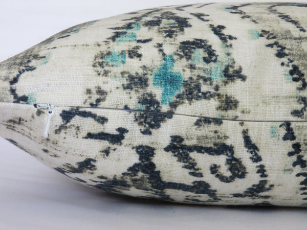ikat linen pillow cover in indigo blue, grey, and turquoise