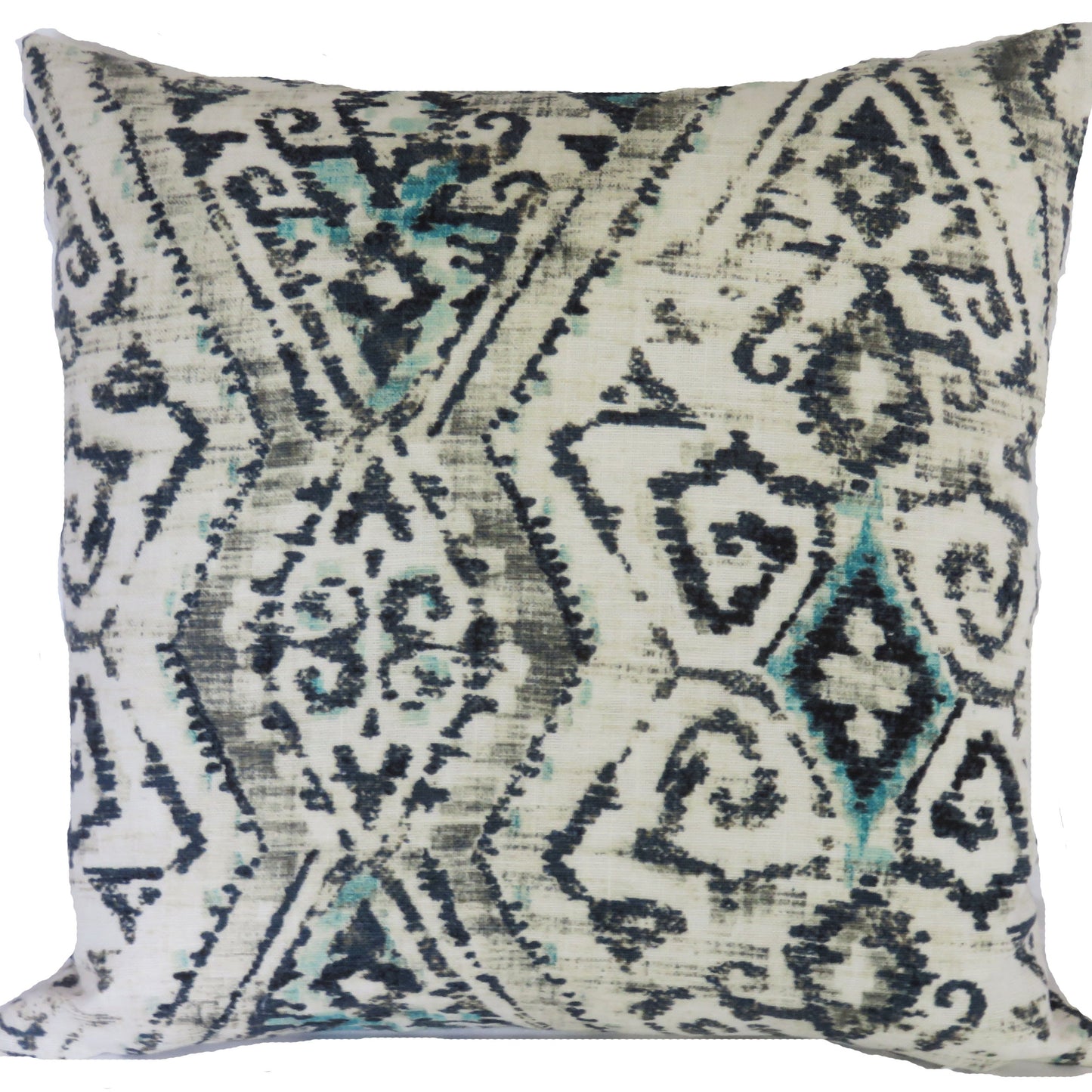 ikat linen pillow cover in indigo blue, grey, and turquoise