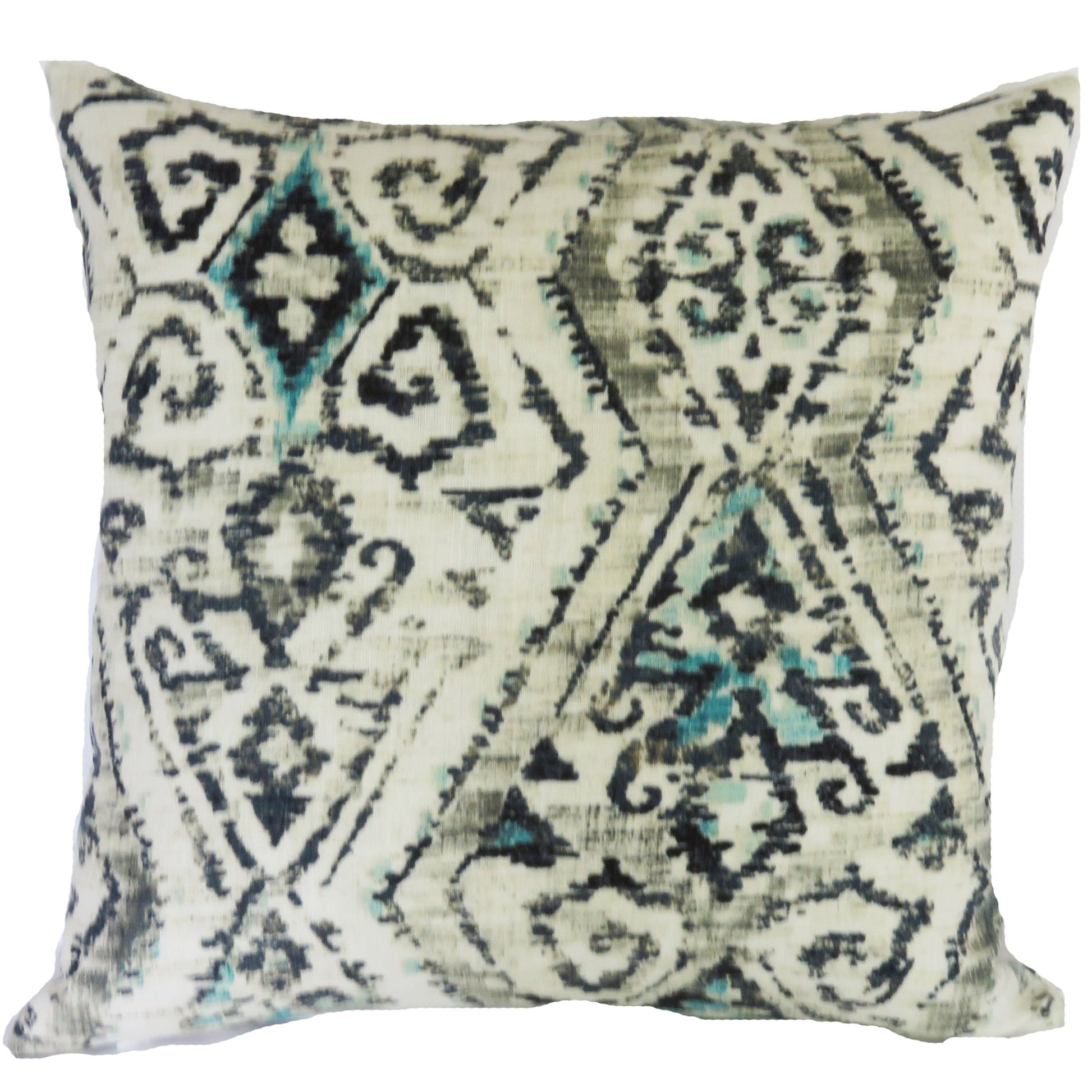 ikat linen pillow cover in indigo blue, grey, and turquoise