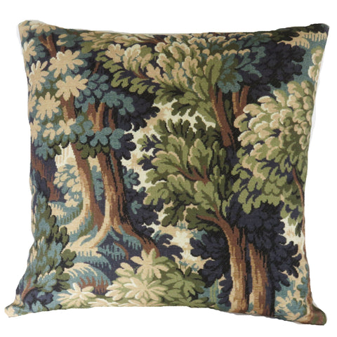 Green forest pillow cover, made from P kaufmann into the woods cotton print of a tapestry verdure scene of trees, in shades of teal, olive, blue,  brown, and cream