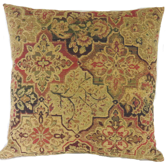 jewel tone chenille medallion pillow cover with a quatrefoil motif in gold, red, green, and blue 