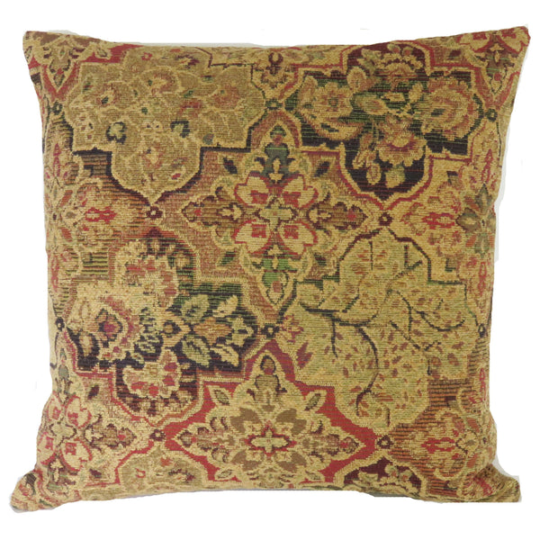 jewel tone chenille medallion pillow cover with a quatrefoil motif in gold, red, green, and blue 