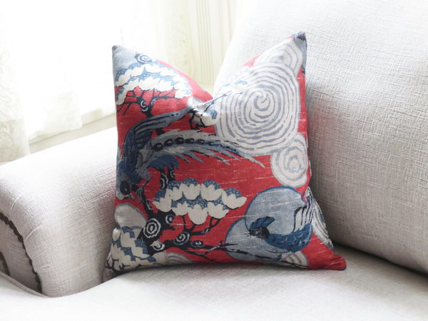 red and blue asian bird print pillow cover, mad from p kaufmann kyomi cotton fabric
