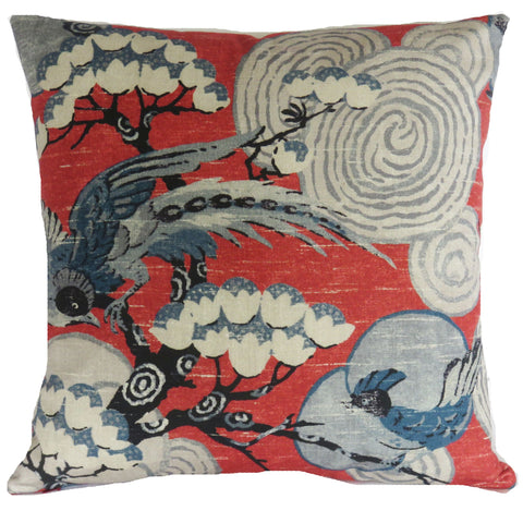 red and blue asian bird print pillow cover, mad from p kaufmann kyomi cotton fabric