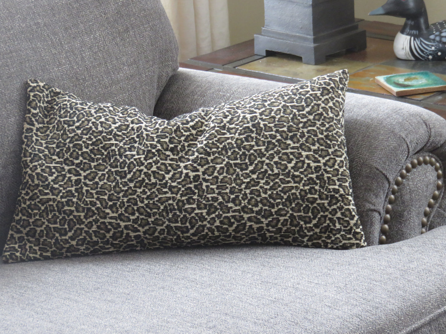 leopard chenille lumbar pillow cover in black and cream