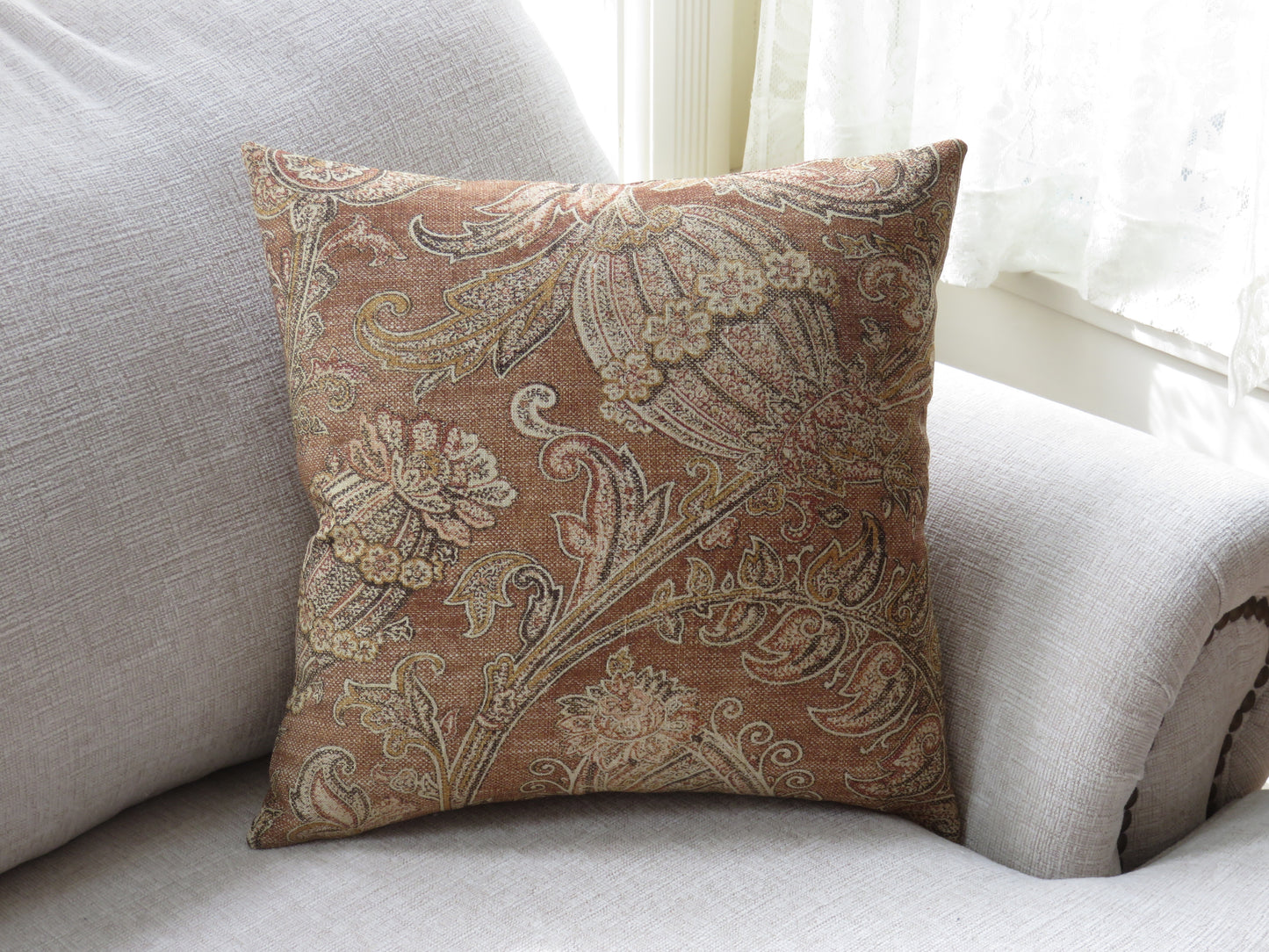 Brown Indienne Floral and Paisley Pillow Cover,  Loggia in Caffe