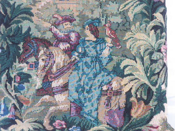 millady in blue dress on horseback verdure tapestry pillow cover