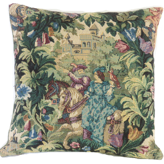 millady in blue dress on horseback verdure tapestry pillow cover