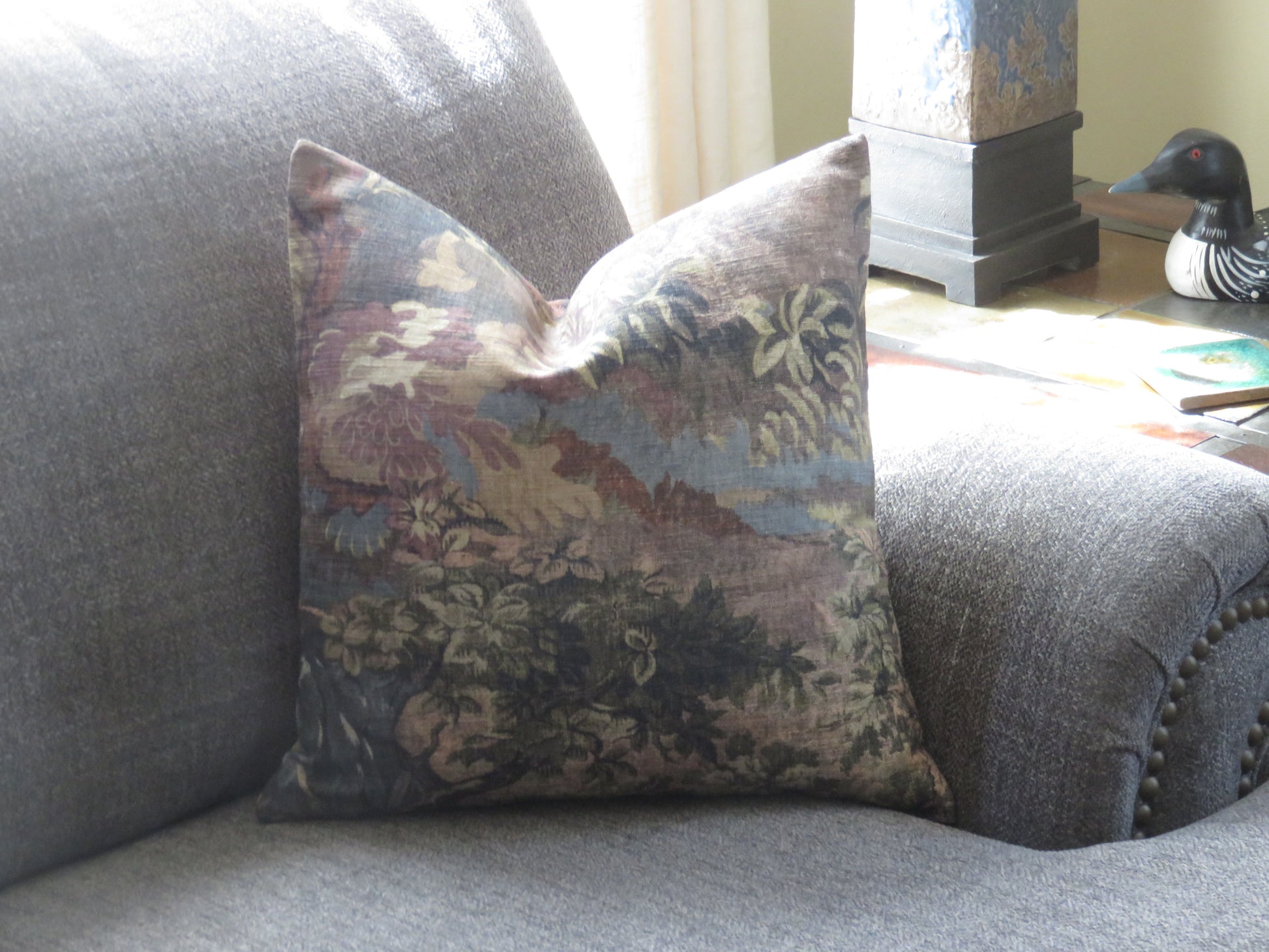 misty landscape verdure pillow cover made from Hamilton hatfield fabric