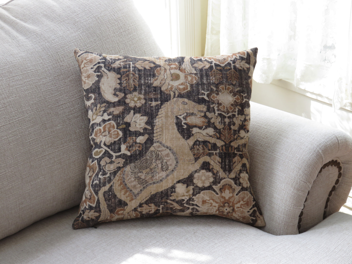 Black and Tan Asian Horse Pillow Cover, P Kaufmann Nangchen Pony Fabric in Smoke