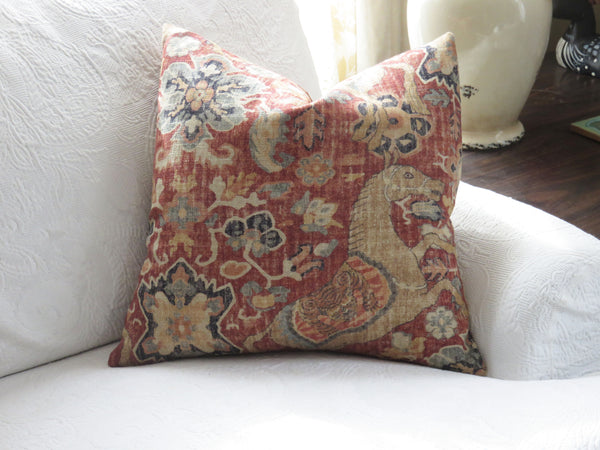 rusty red asian horse pillow cover, made from P kaufmann nangchen pony in crimson fabric
