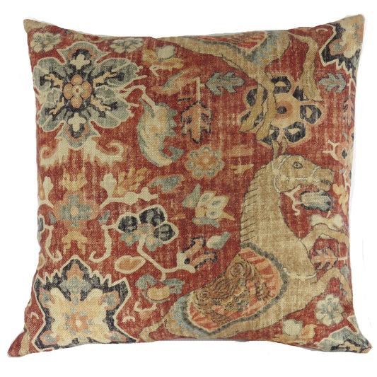 rusty red asian horse pillow cover, made from P kaufmann nangchen pony in crimson fabric