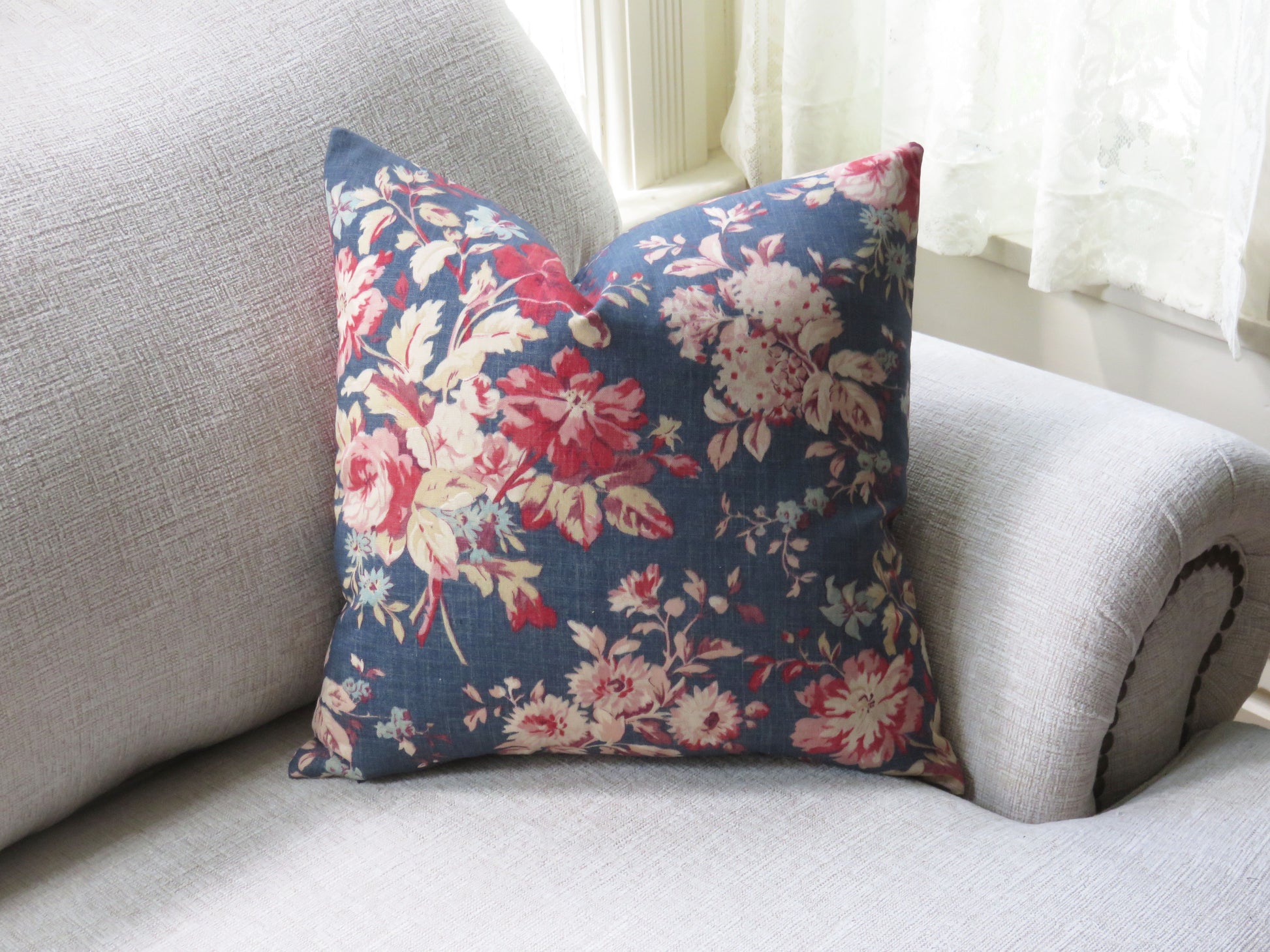 newbury blue and pink floral pillow cover