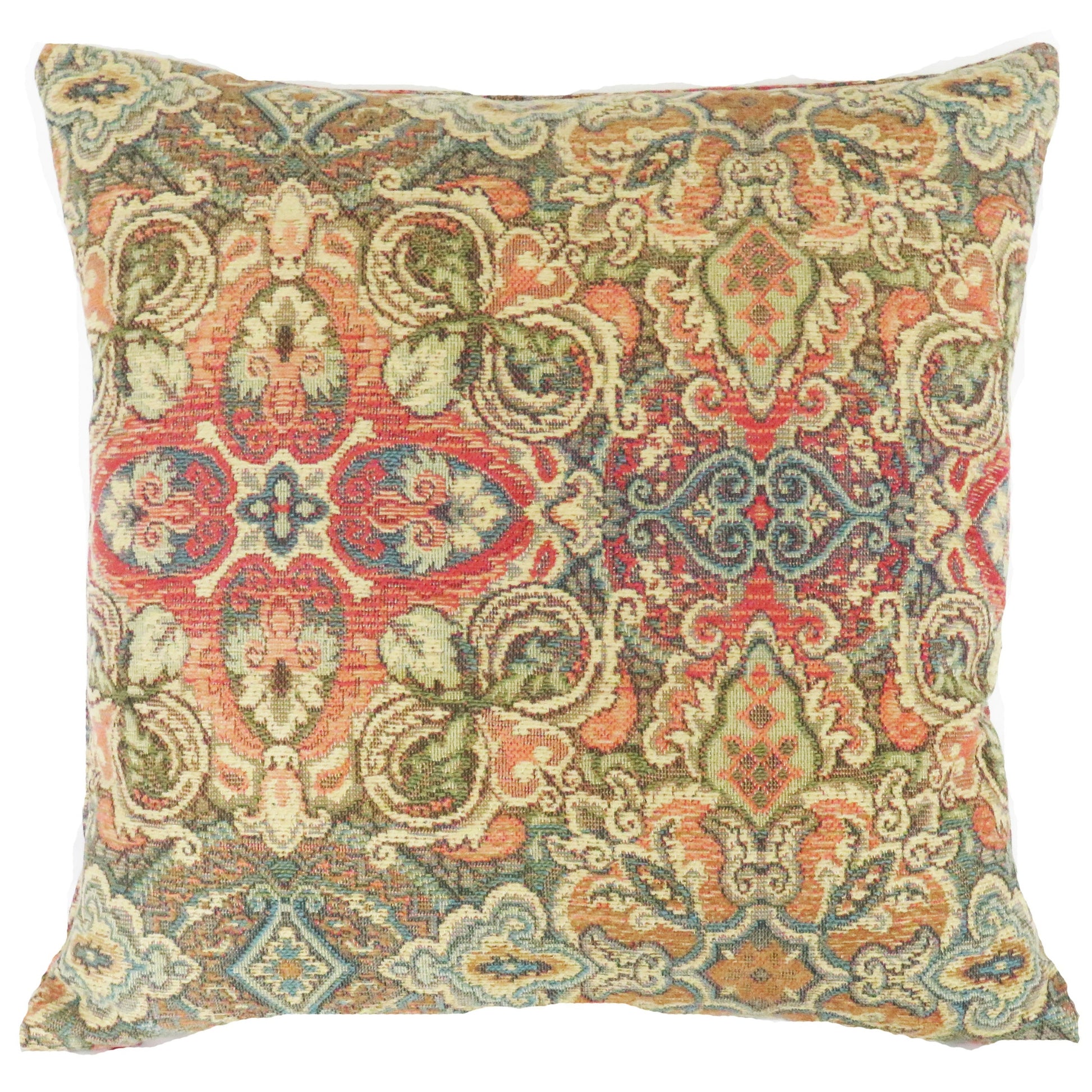 colorful medallion tapestry pillow cover in orange, blue, red, and green