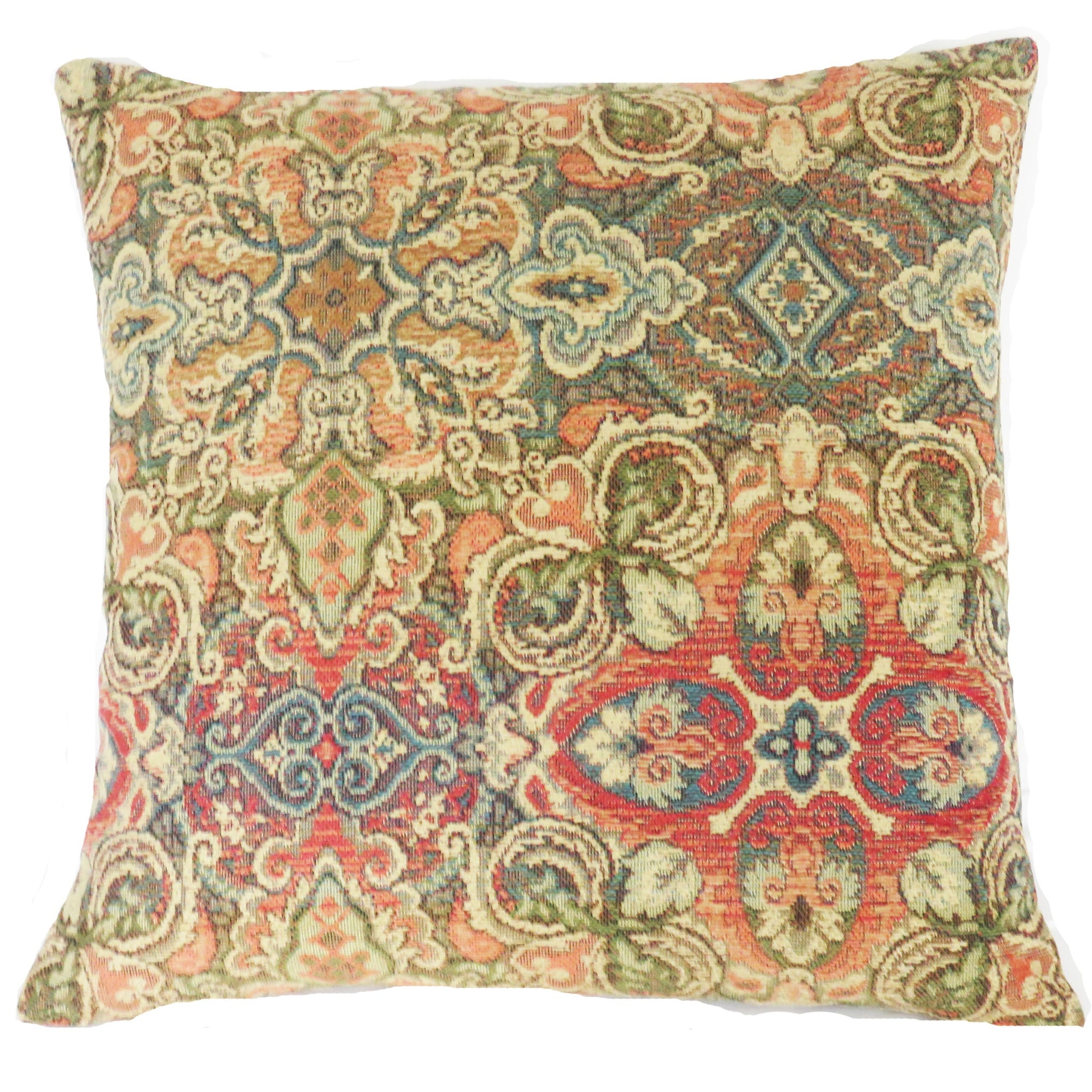 colorful medallion tapestry pillow cover in orange, blue, red, and green