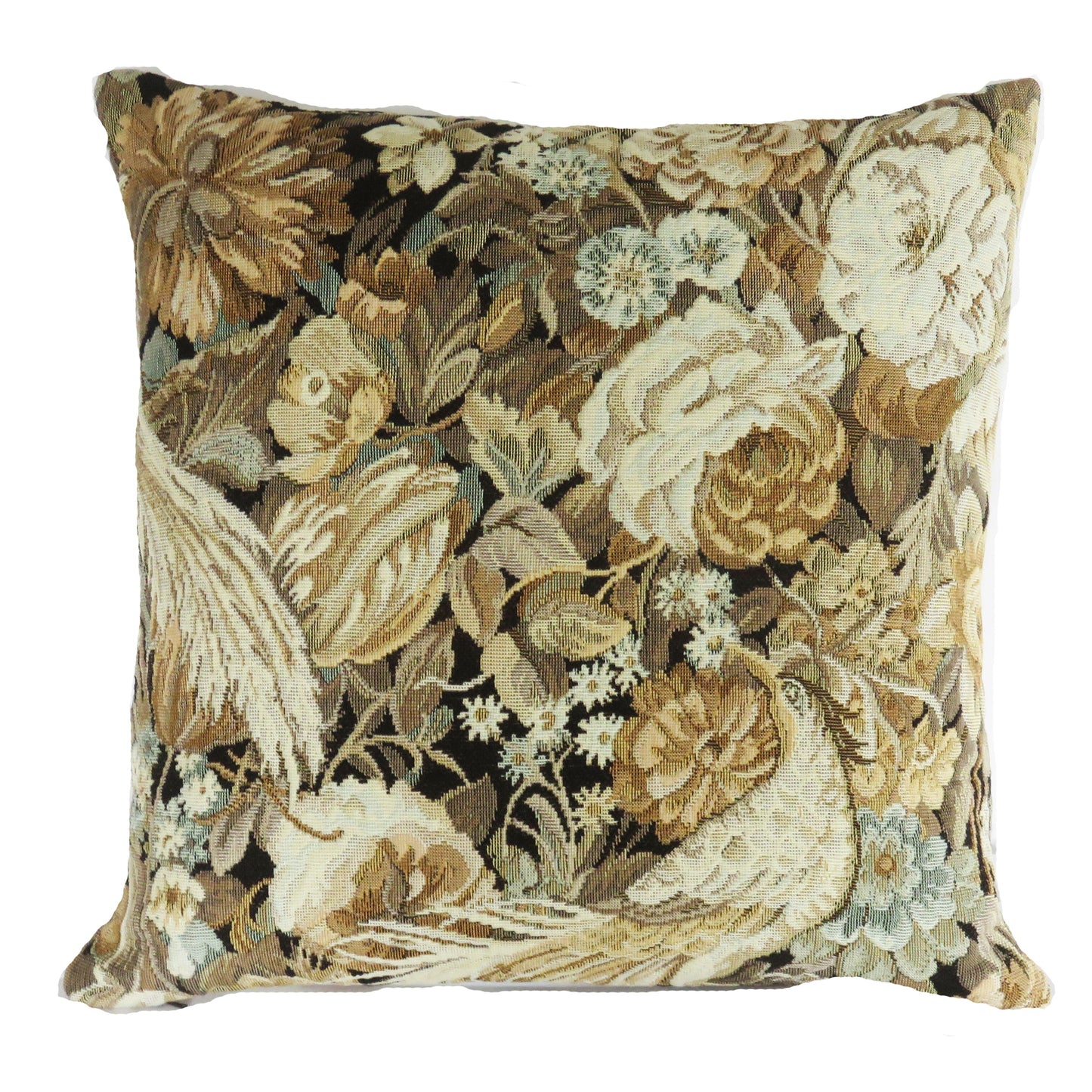 Gold and Aqua Floral Tapestry Pillow Cover with Birds