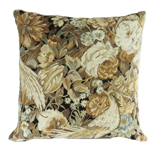 Gold and Aqua Floral Tapestry Pillow Cover with Birds