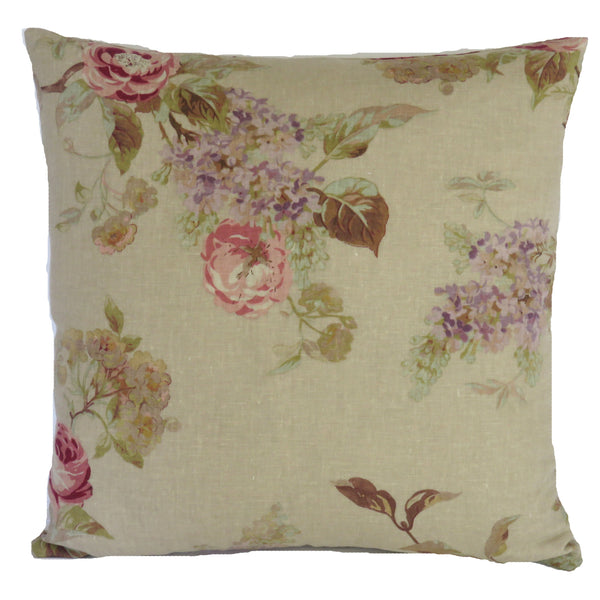 pink rose on tan linen pillow cover with purple lilacs