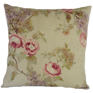 pink rose on tan linen pillow cover with purple lilacs