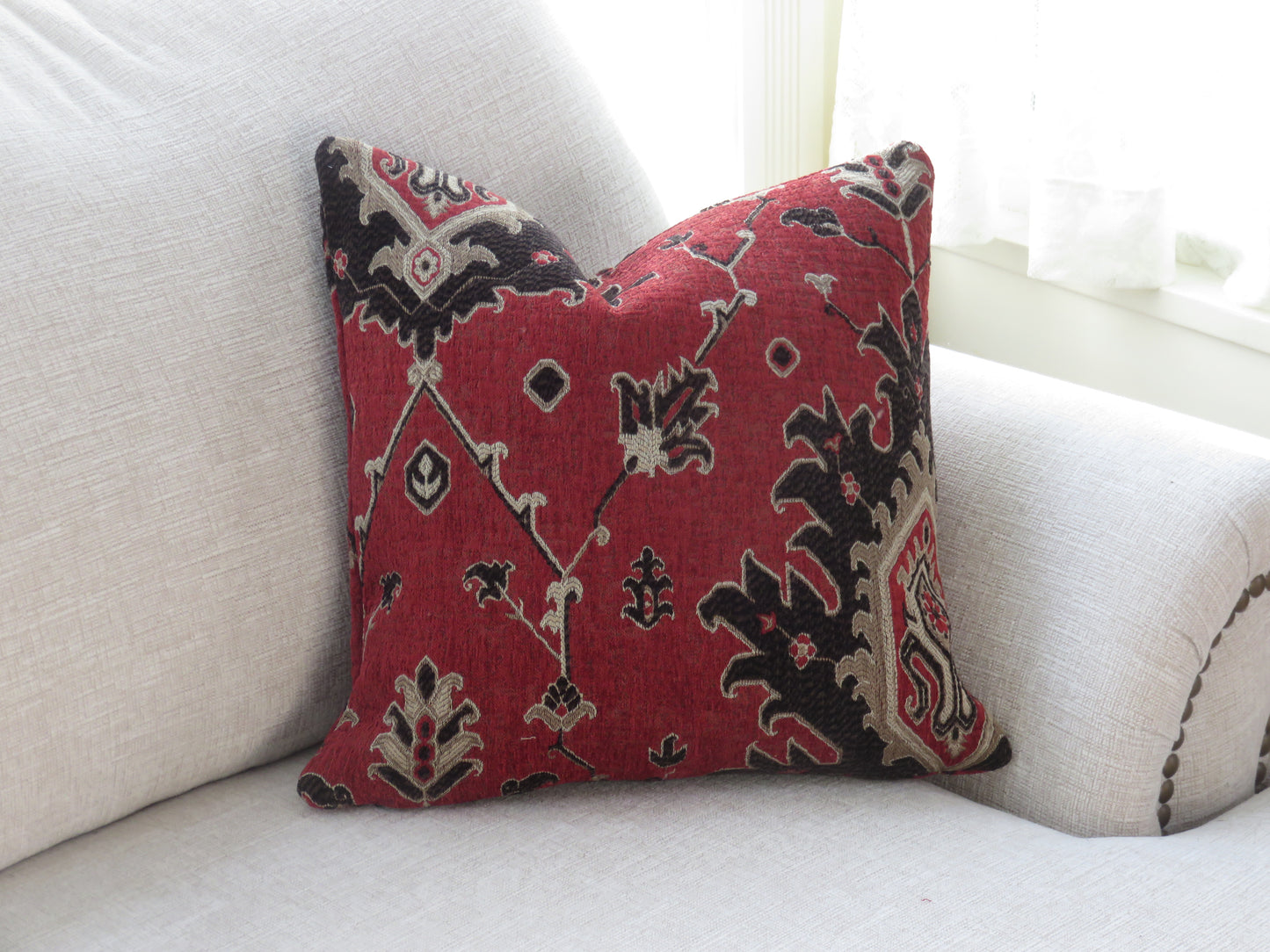 Red, Black and Tan Tribal Pattern Chenille Pillow Cover