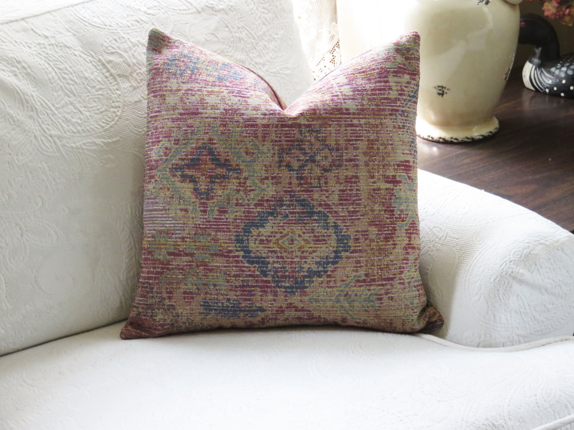 red blue yellow teal kilim pattern pillow cover made from zanzar peri fabric