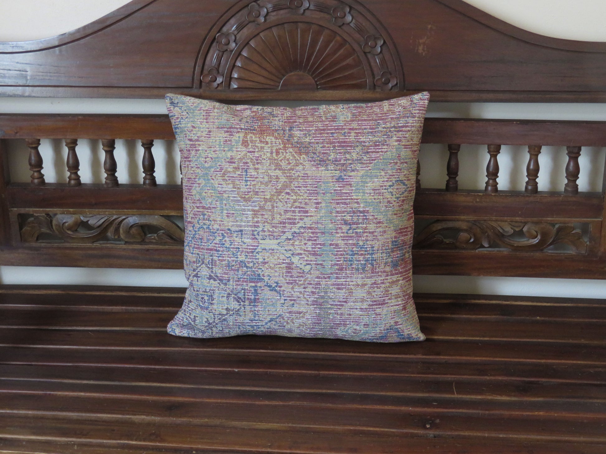 red blue yellow teal kilim pattern pillow cover made from zanzar peri fabric