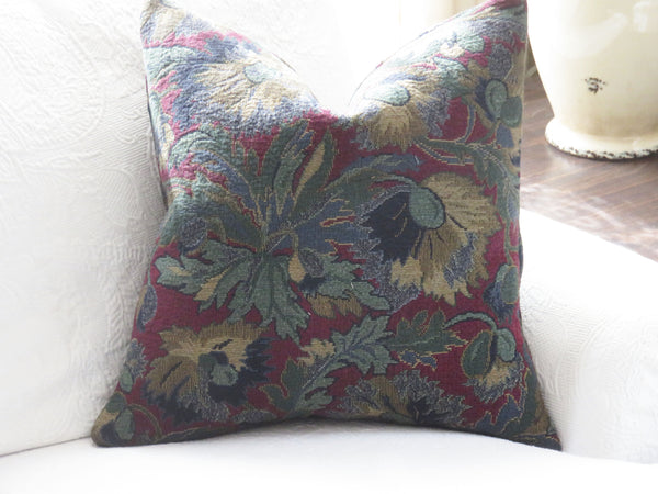 red, green, blue floral pillow cover made from vintage tapestry upholstery