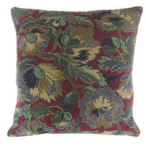 red, green, blue floral pillow cover made from vintage tapestry upholstery
