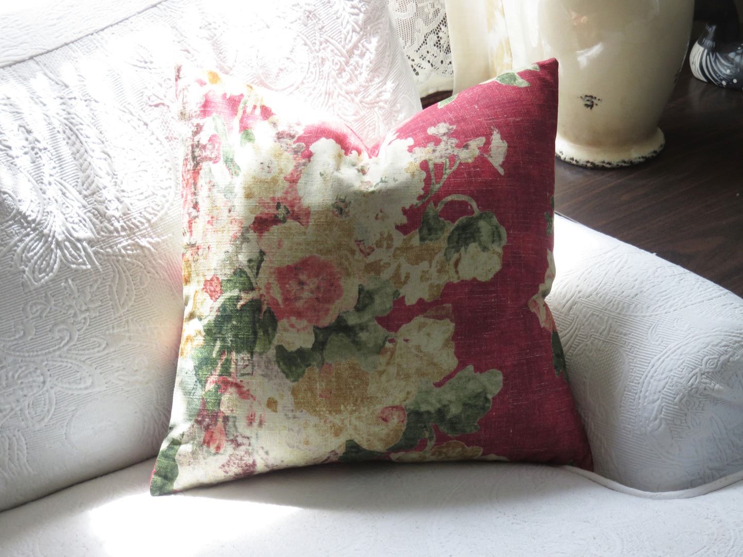 cherry red watercolor floral pillow cover