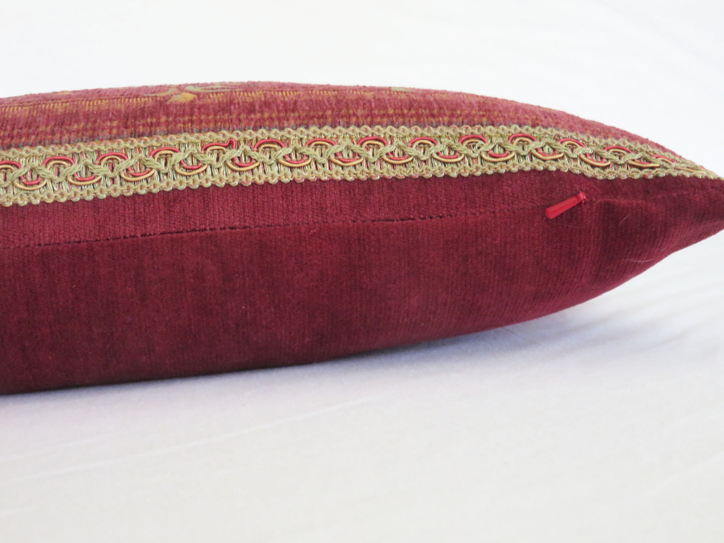 faded rose red chenille tapestry pillow cover in a lumbar shape