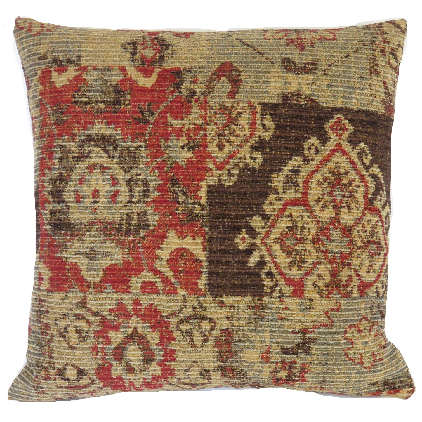 heavy carpet style pillow cover, kilim motif in rest, brown, grey, tan