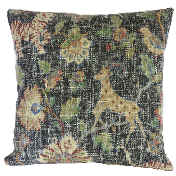on safari animal print pillow cover in black onyx, with tigers, antelope, birds, and flowers