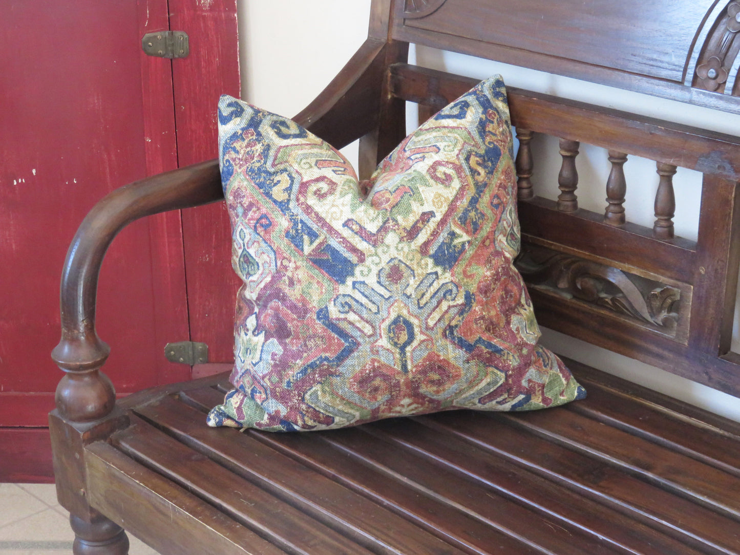 navy and maroon southwest print pillow cover