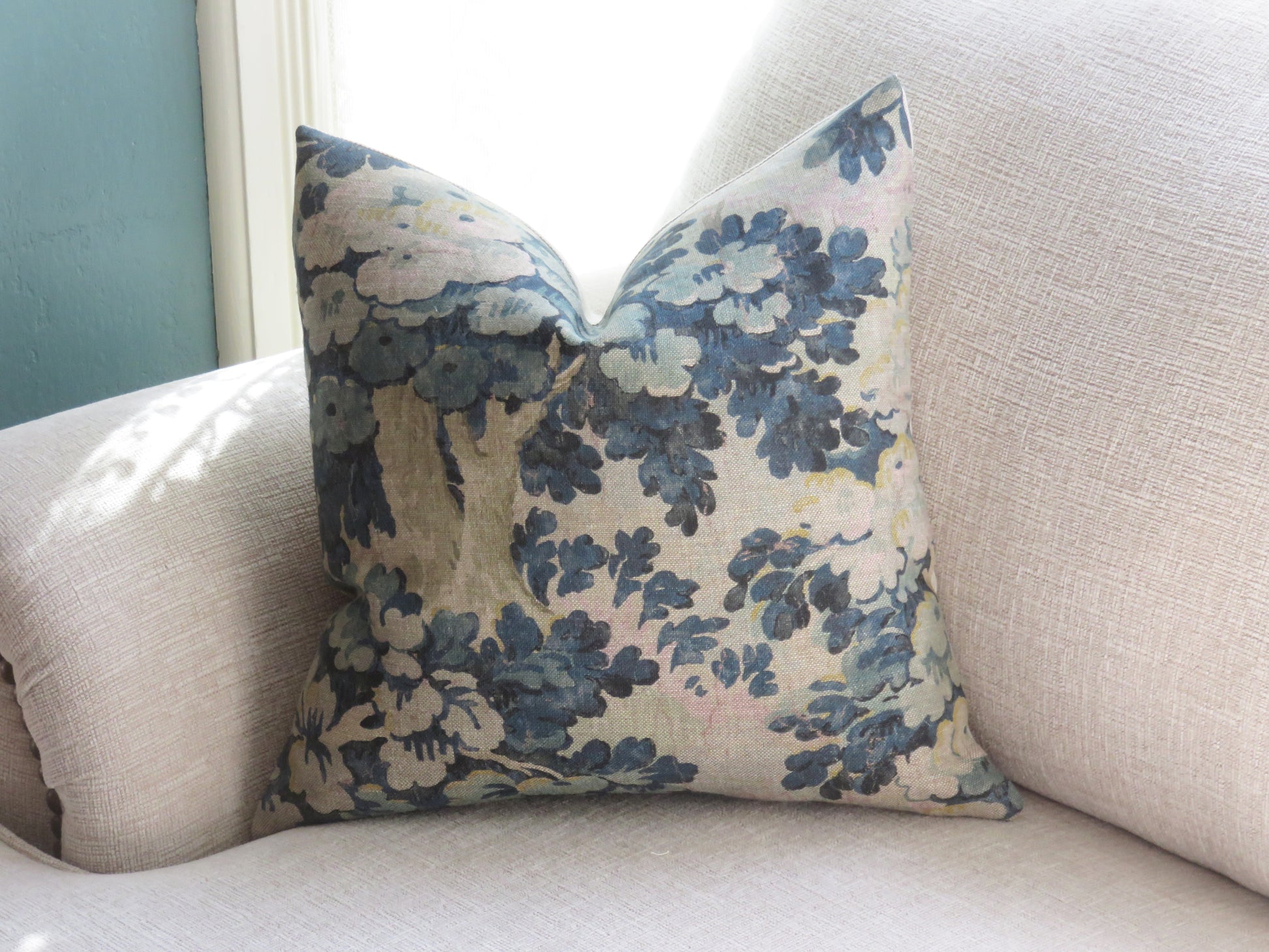 teal verdure print pillow cover made from Acquitaine sylvan linen 