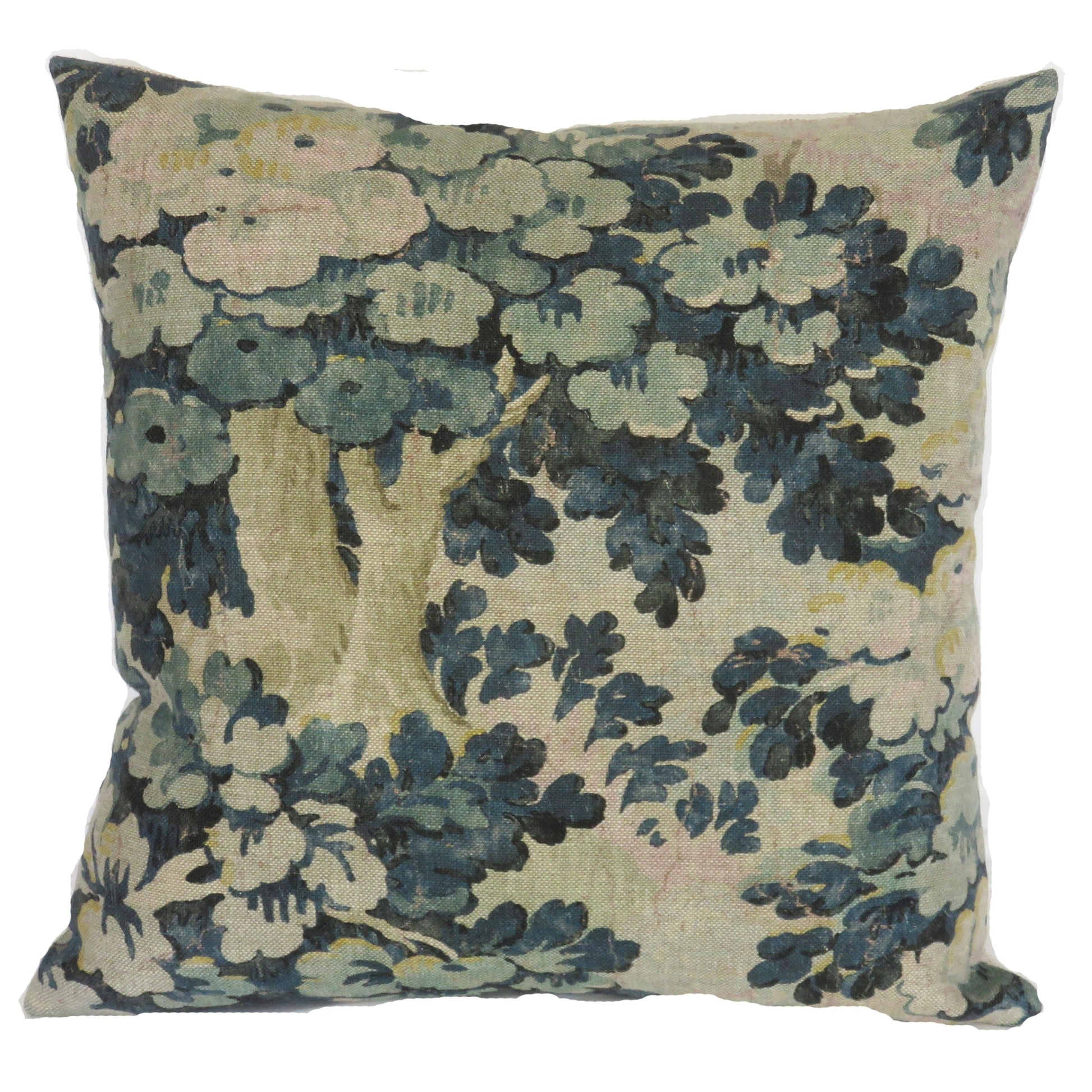 teal verdure print pillow cover made from Acquitaine sylvan linen 