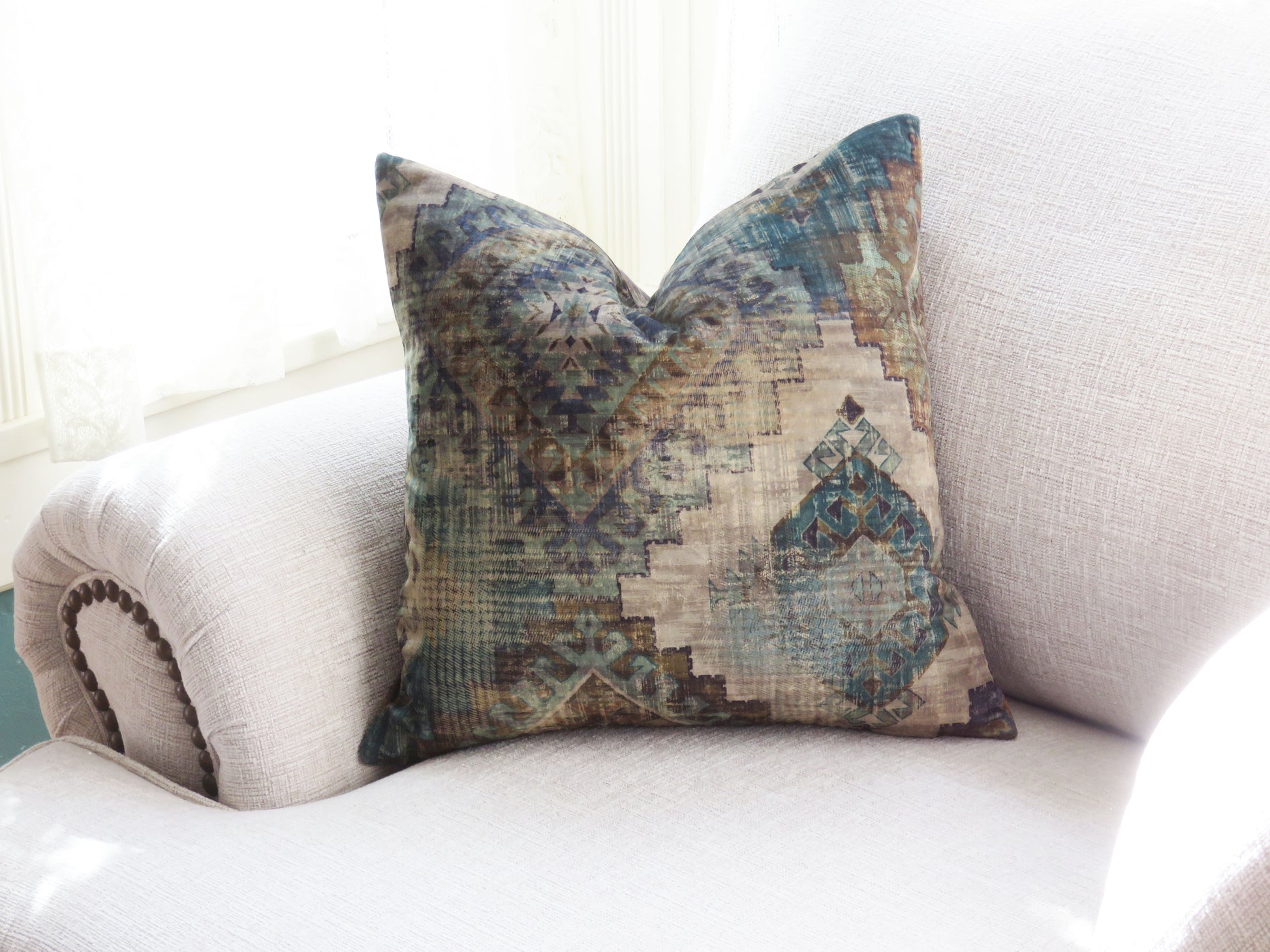 teal and brown southwest geometric pillow cover