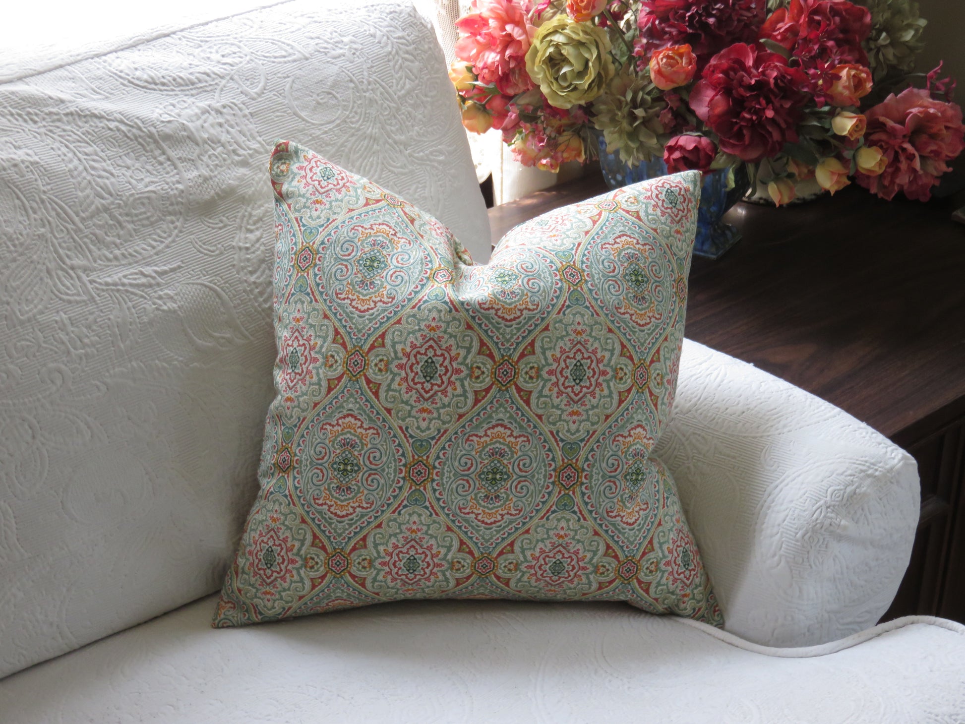 teal and orange ogee medallion pillow cover