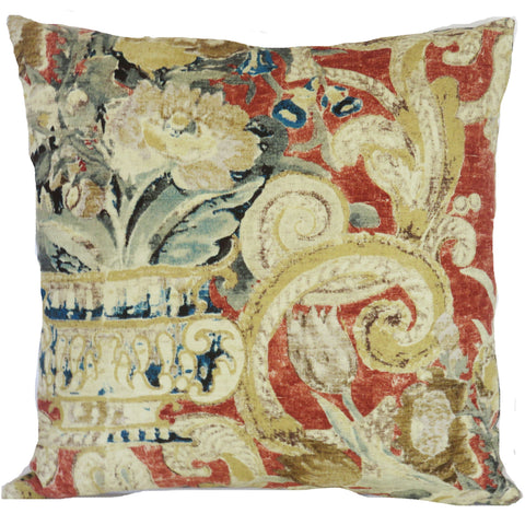 terracotta orange and indigo blue pillow cover with urn and floral motif, mag=de from Waverly Di Castello in Henna cotton fabric