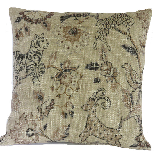 tan safari animal pillow cover with tigers, antelope, birds