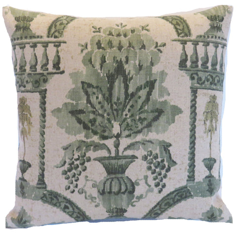 A - Green topiary tree pillow cover made from Jofa Rye Damask