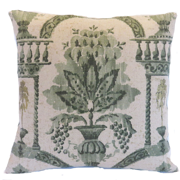 B - Green topiary tree pillow cover made from Jofa Rye Damask
