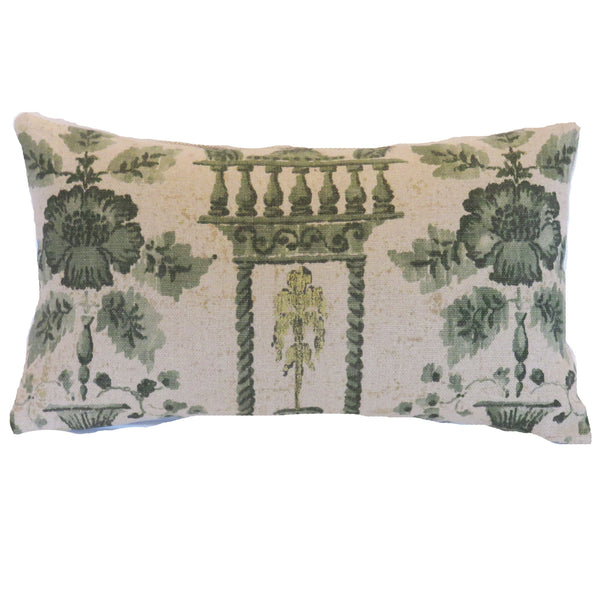 C - Green topiary tree pillow cover made from Jofa Rye Damask