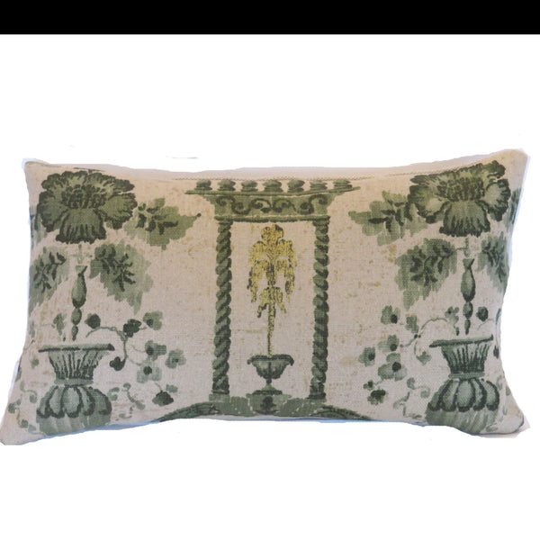 D - Green topiary tree pillow cover made from Jofa Rye Damask