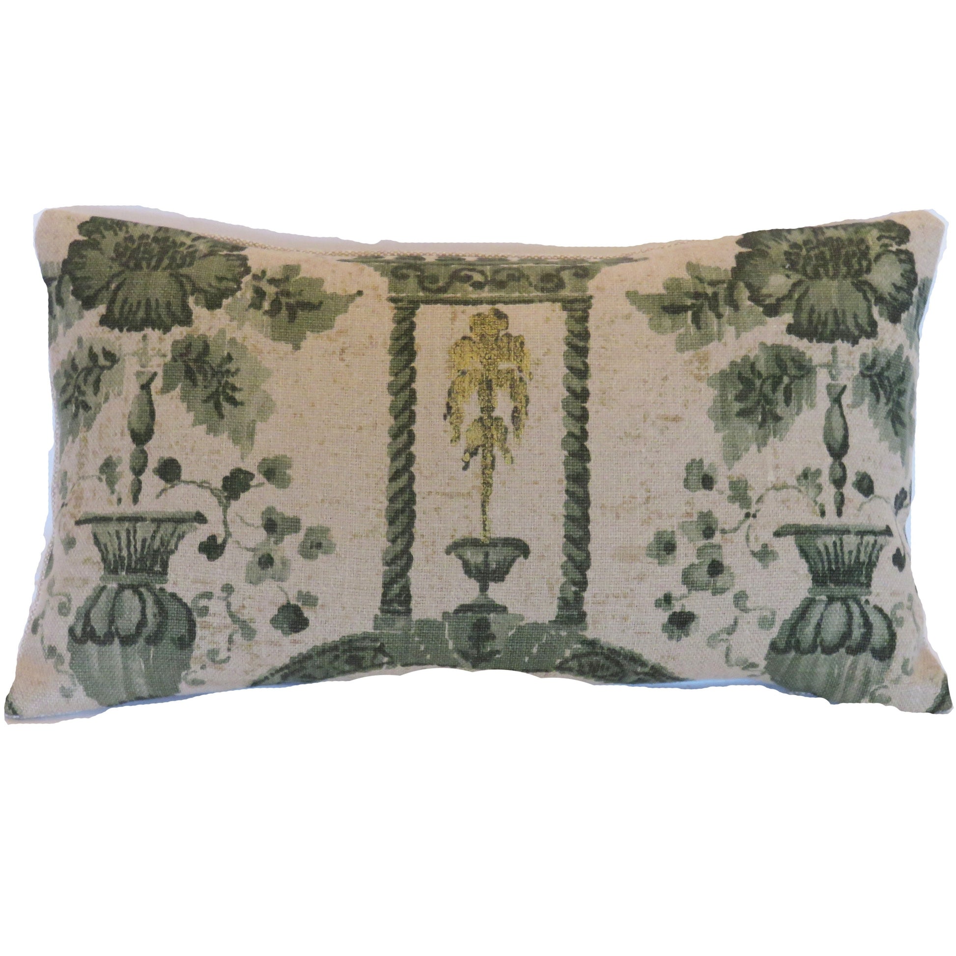 E - Green topiary tree pillow cover made from Jofa Rye Damask