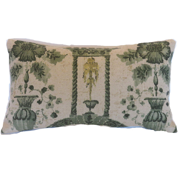E - Green topiary tree pillow cover made from Jofa Rye Damask